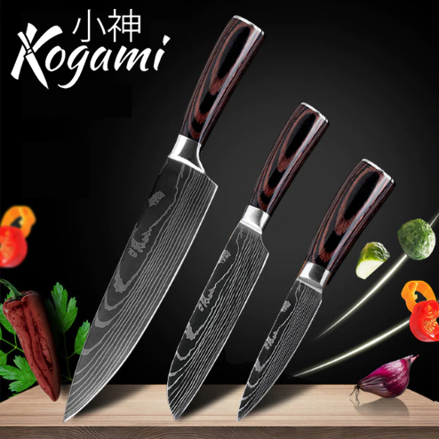 3-Piece Knives Set for Kitchen, Stainless Laser-Etched Damascus Knife Set  With Professional Chef Knife, Santoku Knife, & Paring Knife, Kitchen Knifes